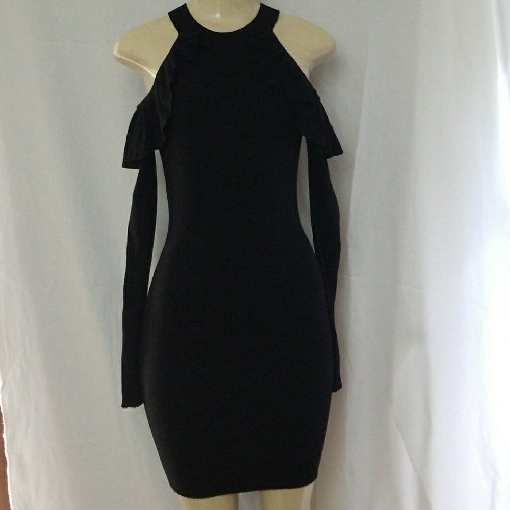 New black cold open shoulder sweater dress long